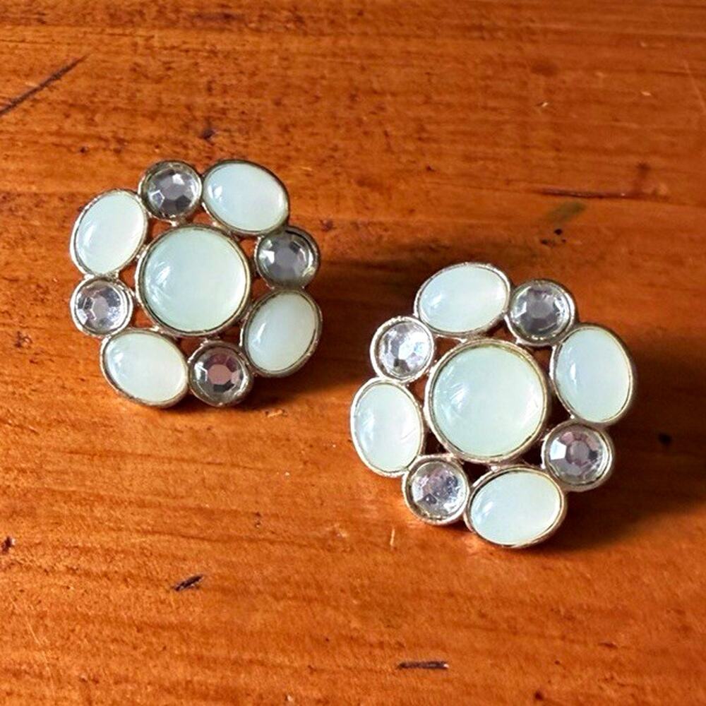 Gold Tone Pale Green Cabochon Rhinestone Cluster Earrings Post Back